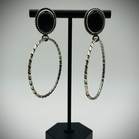 Jewelry - Navajo Sterling Black Onyx Hoop Earrings – 2.5", 19g, stamped “EK / Sterling”